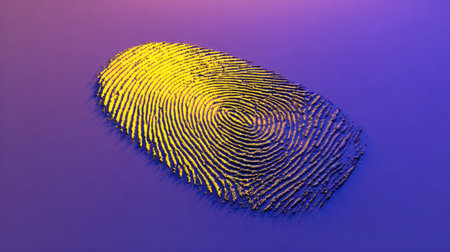 This artistic depiction of a fingerprint combines a vibrant gradient of purple and yellow, symbolizing identity and security in a digital world.の素材