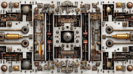 This detailed steampunk mechanism features an array of gears and metallic components arranged in a unique vintage aesthetic, showcasing intricate artistry.の素材