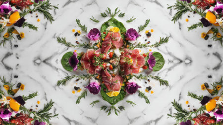 A stunning arrangement featuring fresh herbs, colorful flowers, and vibrant ingredients on a polished marble background, creating a captivating visual experience.の素材
