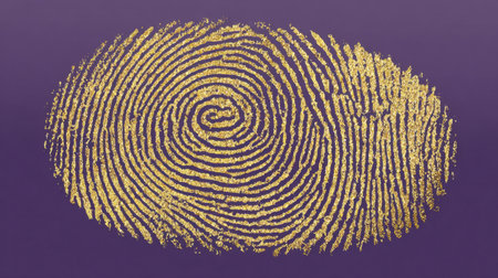 This elegant fingerprint design showcases intricate gold lines against a rich purple background. It represents identity, security, and creativity, perfect for various artistic projects.の素材