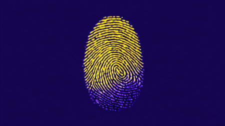 This striking image features a fingerprint presented in vibrant yellow and purple tones against a deep background. It symbolizes uniqueness and identity, making it ideal for themes in security and personal recognition.の素材