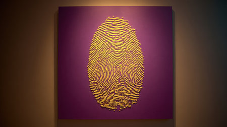 Vibrant artistic representation of a fingerprint created with yellow lines on a purple background, perfect for modern decor and creative spaces.の素材