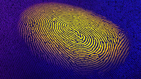 This stunning abstract image features a stylized fingerprint design in vibrant yellow and blue colors, symbolizing identity and security in a digital era.の素材