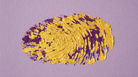 This image features an abstract composition of gold and purple paint on a soft lavender background, showcasing unique texture and vibrant colors.の素材