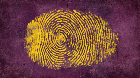 This abstract artwork showcases a bold yellow fingerprint set against a rich purple textured backdrop, symbolizing identity and individuality.の素材