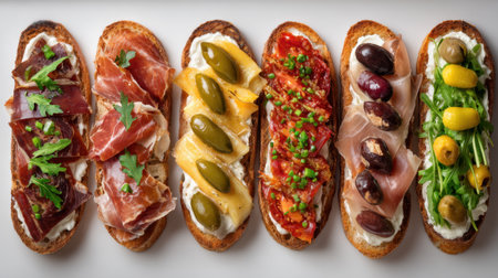 A vibrant assortment of gourmet crostini topped with various meats, olives, and fresh herbs, perfect for appetizers or party platters.の素材