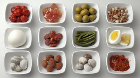 This vibrant arrangement showcases various fresh ingredients such as tomatoes, olives, nuts, and eggs in white bowls on a light background, perfect for culinary inspiration.の素材