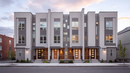 This stunning image captures modern townhouses showcasing contemporary architecture under an evening sky, blending style and urban living.の素材