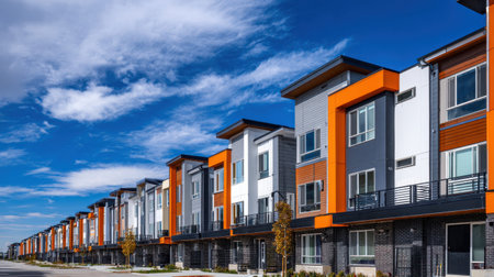 This image showcases a modern residential development with vibrant colored facades under a bright blue sky. The structure reflects contemporary design and urban living.の素材