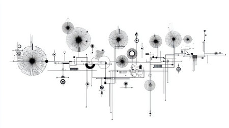 This abstract geometric design features a dynamic arrangement of circles and lines in black and white, ideal for technology and modern art projects.の素材
