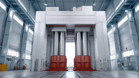 This image showcases advanced industrial machinery in a spacious factory setting, featuring large cylinders and high-tech equipment, highlighting modern manufacturing techniques.の素材