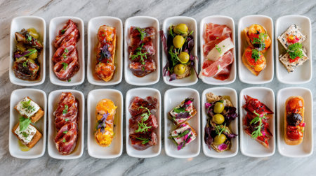 A vibrant selection of gourmet tapas showcases a variety of meats, cheeses, and olives, beautifully arranged on elegant plates for an inviting culinary presentation.の素材