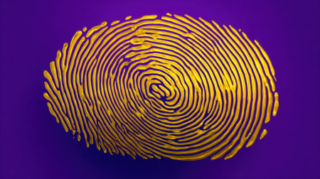 This striking image features a stylized yellow fingerprint set against a vibrant purple background, symbolizing identity and personal security in a modern design.の素材