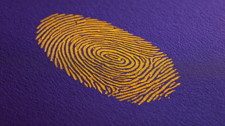This vibrant image features a detailed yellow fingerprint rendered against a rich purple background, perfect for creative projects and artistic inspiration.の素材