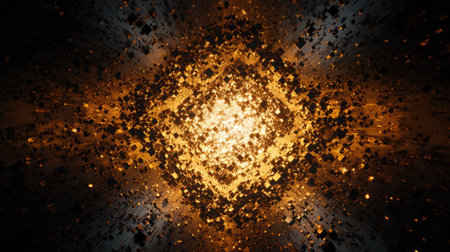 This captivating abstract image features a vibrant explosion of golden cubes, creating a dynamic visual experience filled with energy and depth. Perfect for various design projects.の素材