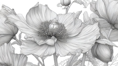This exquisite black and white line art showcases detailed peony flowers and buds, offering a beautiful blend of nature and artistic creativity. Perfect for decor.の素材