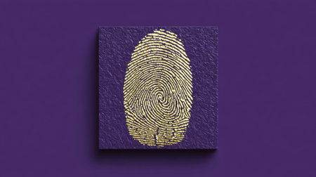A striking golden fingerprint is set against a rich purple background, embodying concepts of identity, security, and modern design in a vibrant format.の素材