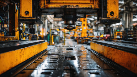 A dynamic view of industrial machinery spotlighting intricate details of engineering and manufacturing processes in a vibrant factory environment.の素材