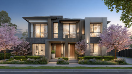 A stunning modern two-story house at dusk, beautifully illuminated, surrounded by flowering trees that enhance its inviting atmosphere. Perfect for serene living.の素材