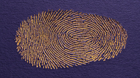 This image features a close-up view of a golden fingerprint pattern on a textured purple background, representing concepts of identity and uniqueness beautifully.の素材