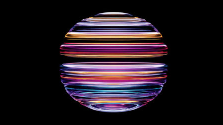 This stunning abstract image features a 3D sphere adorned with vibrant stripes in shades of purple, orange, and blue, set against a striking black background.の素材