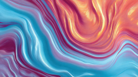 This captivating abstract fluid art features vibrant colors of blue, orange, and red swirling together in dynamic patterns, creating a stunning visual experience.の素材