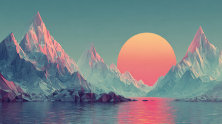 This stunning abstract landscape features geometric mountains and a large sun setting at dusk. The vibrant colors and serene water reflection create a peaceful atmosphere.の素材