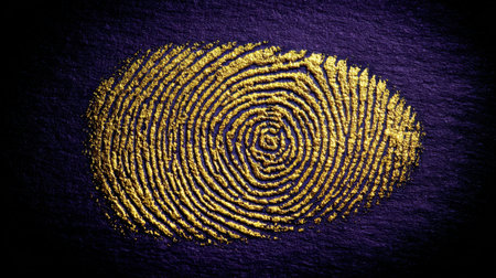This stunning image features a golden fingerprint set against a dark background, highlighting intricate patterns and artistic elements for creative projects.の素材
