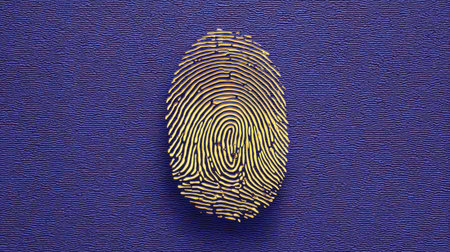 A striking close-up image of a detailed fingerprint pattern set against a vibrant purple background, perfect for themes of security and identity verification.の素材