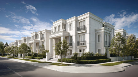 This serene image depicts modern residential buildings with elegant facades, surrounded by lush greenery along a peaceful suburban street under a clear blue sky.の素材