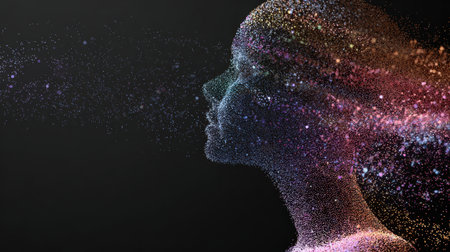 This stunning artwork features a mesmerizing profile of a woman enveloped in vibrant particles and cosmic dust, evoking a sense of mystique and beauty.の素材