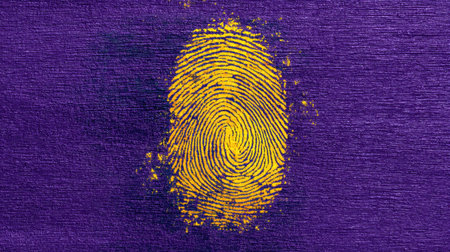 This vivid abstract image showcases a yellow fingerprint against a rich purple background, representing themes of identity and security in modern art.の素材
