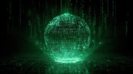 Captivating digital sphere composed of flowing binary code on a dark backdrop, ideal for visual representations of technology and data concepts.の素材
