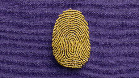 This striking image features a yellow fingerprint intricately stitched on a vibrant purple background, symbolizing individuality and personal identity through textile art.の素材