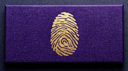 This captivating image features a bold fingerprint design in gold against a rich purple background, creating an elegant and artistic representation of identity and security.の素材