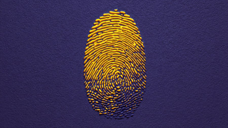 This striking image features an abstract fingerprint design made with vibrant yellow lines against a rich purple background, representing uniqueness and individuality in art.の素材