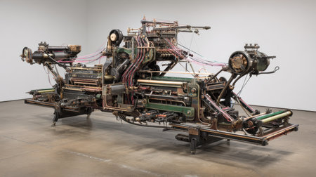 An intricate industrial machine beautifully displayed in a contemporary gallery setting, showcasing complex pipes and wires that highlight craftsmanship and creativity.の素材