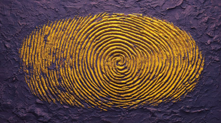 This striking abstract art piece showcases a vibrant yellow fingerprint design set against a deep purple background, ideal for contemporary decor.の素材