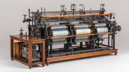 This image captures a vintage textile machine, illustrating the intricate design and craftsmanship involved in fabric production. The detailed mechanism showcases the artistry and engineering of a bygone era.の素材