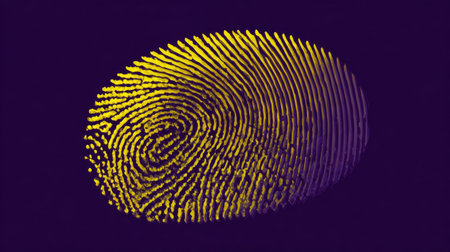 This vibrant close-up image features a unique fingerprint pattern in striking yellow and purple colors, ideal for concepts in identity verification and security.の素材