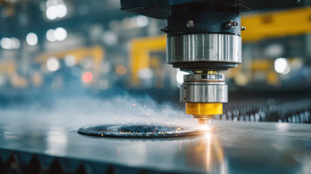A close-up view of a precision laser cutting machine in an industrial workshop. Bright sparks and smoke are visible as it shapes metal components, showcasing modern technology and craftsmanship in manufacturing.の素材