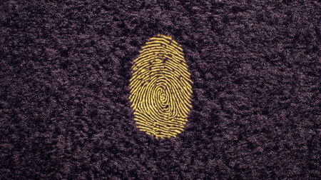 This artistic representation features a prominent fingerprint pattern set against a textured background. Ideal for projects focused on identity, security, and individuality.の素材