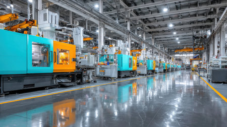 A spacious industrial manufacturing facility showcasing advanced machinery in bright colors. The environment embodies modern production techniques and efficiency, highlighting cutting-edge technology and innovative workspace design.の素材