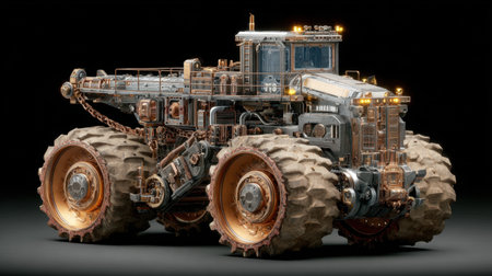 A detailed representation of a futuristic heavy-duty vehicle designed for tough terrains, showcasing innovative technology and robust engineering features.の素材