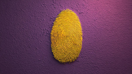 This striking artwork features a vibrant yellow fingerprint against a rich purple textured wall. Ideal for creative projects and artistic design concepts.の素材