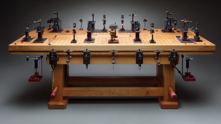 This image showcases a meticulously arranged workbench equipped with various tools and mechanisms, ideal for precise crafting and engineering tasks in a professional environment.の素材