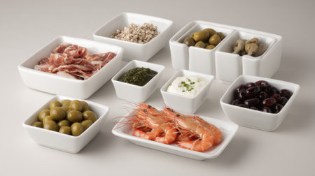 An elegant arrangement of assorted seafood and Mediterranean ingredients in white bowls, perfect for a gourmet presentation at any dining occasion.の素材