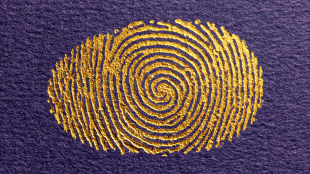 This striking artwork features a golden fingerprint pattern on a deep purple background, creating a captivating contrast. Ideal for symbols of identity and creativity.の素材
