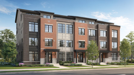 This image showcases a modern multi-unit residential building featuring contemporary architecture and lush green landscaping. The appealing design highlights large windows and a blend of materials, providing a welcoming atmosphere in an urban neighborhood.の素材