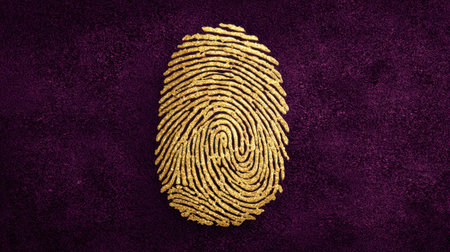 A stunning gold fingerprint rests on a vibrant purple background, representing individuality and identity in a visually striking artistic design. Perfect for creative projects.の素材